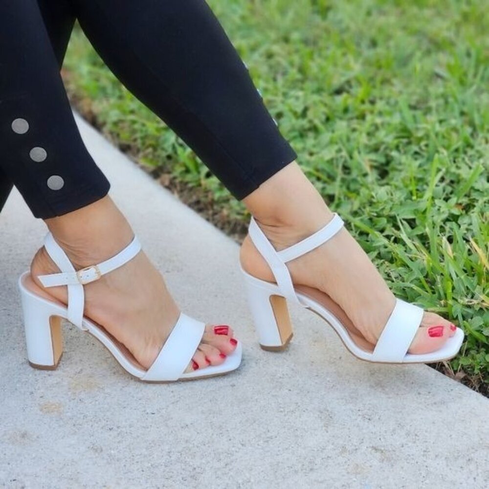 White Women’s Dress Sandals Block Heel Ankle Strap Buckle Square Open Toe